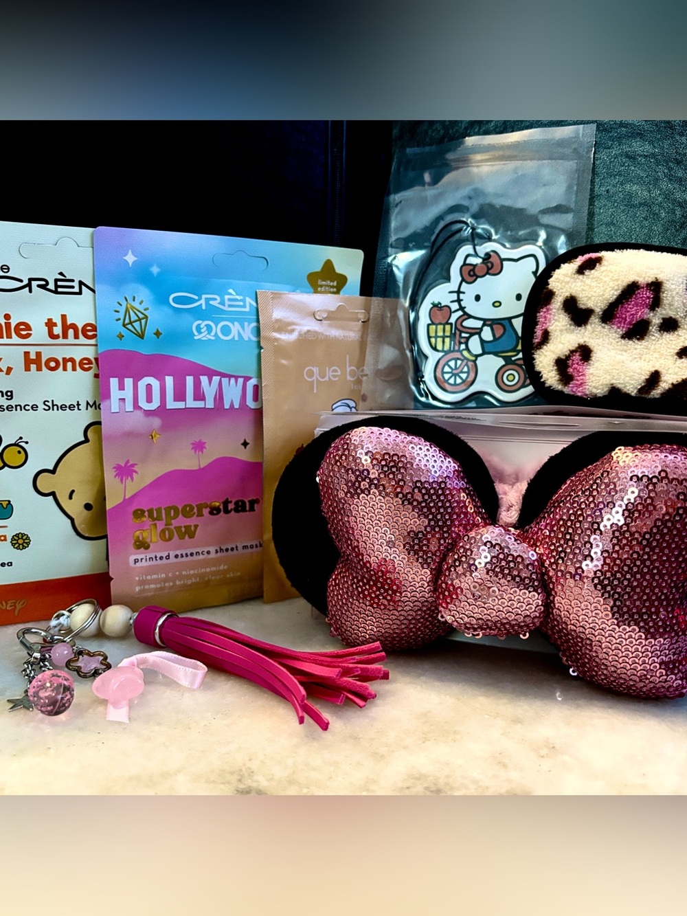 Crème Shop Bundle & More-Minnie Spa Headband, Sheet Masks, Leather Bag Charm